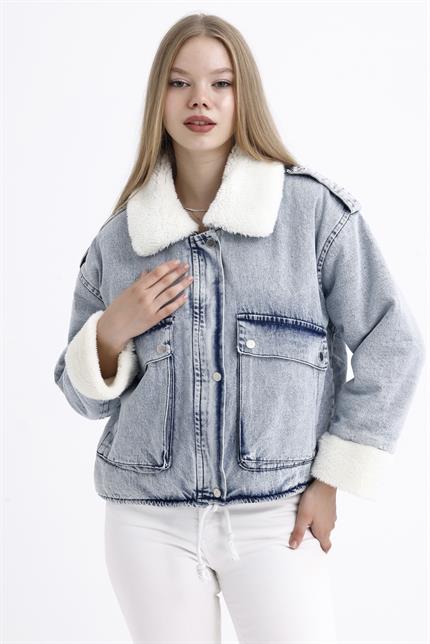 İçi Kürklü Çift Cepli Fermuarlı Çıtçıt Kapamalı Kar Yıkama Denim Mont - Buz Mavi