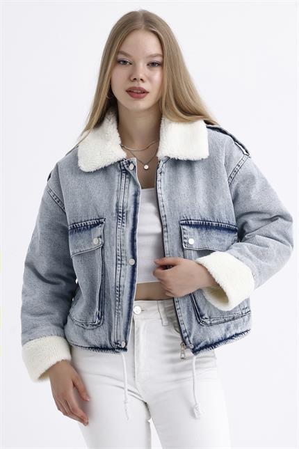 İçi Kürklü Çift Cepli Fermuarlı Çıtçıt Kapamalı Kar Yıkama Denim Mont - Buz Mavi
