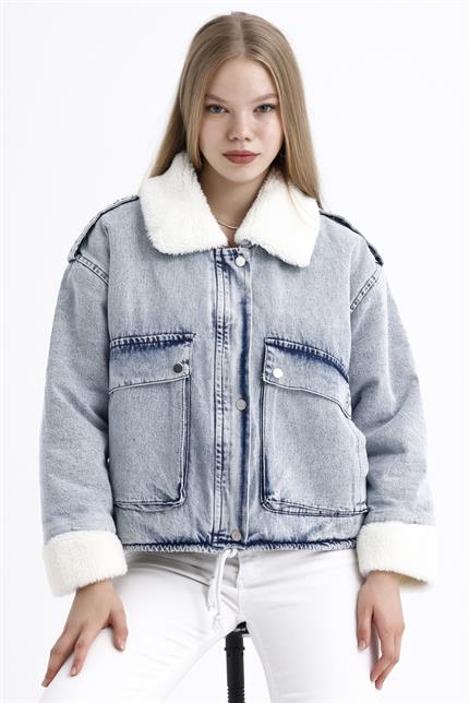 İçi Kürklü Çift Cepli Fermuarlı Çıtçıt Kapamalı Kar Yıkama Denim Mont - Buz Mavi