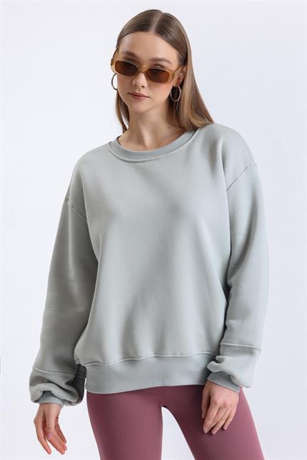 İçi Polarlı Balon Kollu Bisiklet Yaka Salaş Sweatshirt - Gri