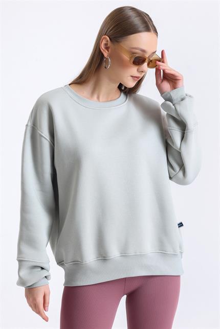 İçi Polarlı Balon Kollu Bisiklet Yaka Salaş Sweatshirt - Gri