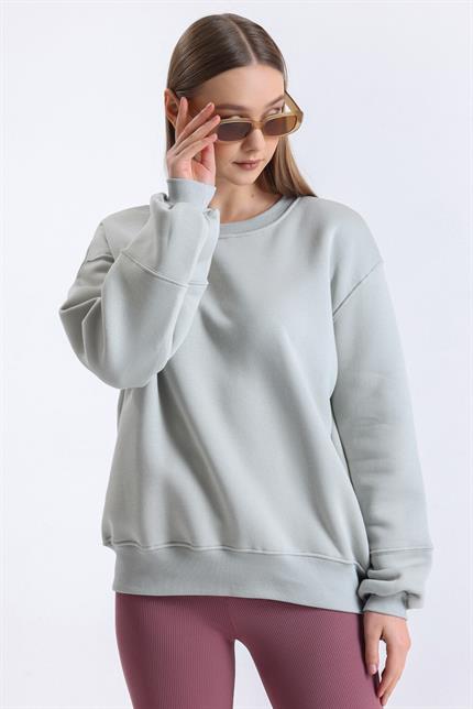 İçi Polarlı Balon Kollu Bisiklet Yaka Salaş Sweatshirt - Gri