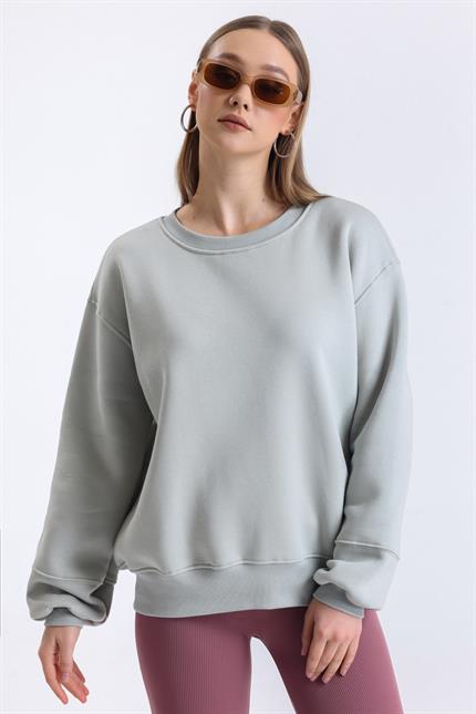 İçi Polarlı Balon Kollu Bisiklet Yaka Salaş Sweatshirt - Gri