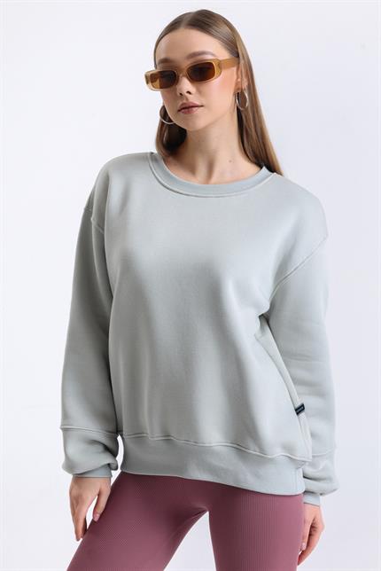 İçi Polarlı Balon Kollu Bisiklet Yaka Salaş Sweatshirt - Gri