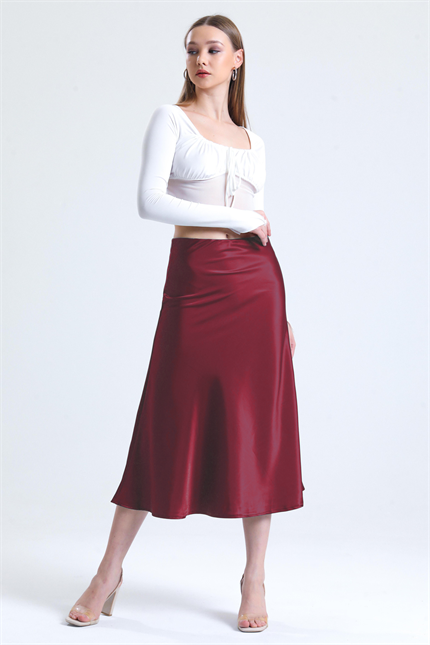 Kadın Beli Lastikli Volanlı Midi Boy Saten Etek - Bordo