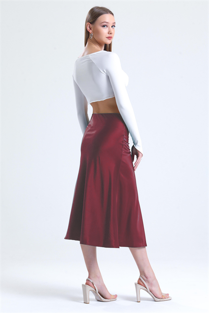 Kadın Beli Lastikli Volanlı Midi Boy Saten Etek - Bordo