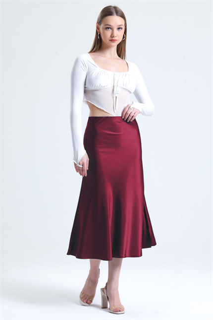 Kadın Beli Lastikli Volanlı Midi Boy Saten Etek - Bordo