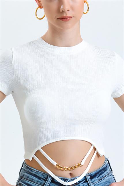 Bisiklet Yaka Kısa Kollu Zincir Detaylı Crop Bluz - Ekru