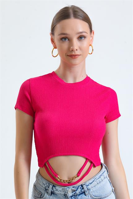 Bisiklet Yaka Kısa Kollu Zincir Detaylı Crop Bluz - Fuşya