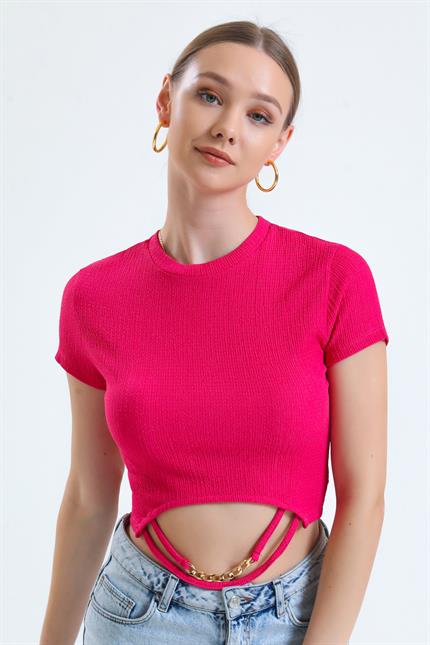 Bisiklet Yaka Kısa Kollu Zincir Detaylı Crop Bluz - Fuşya