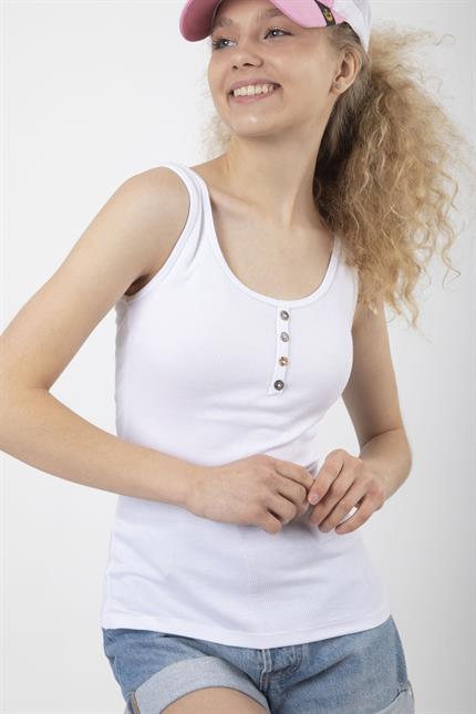 Kadın Düğme Detaylı Yumuşak Dokulu Esnek Askılı Fitilli Bluz - Beyaz