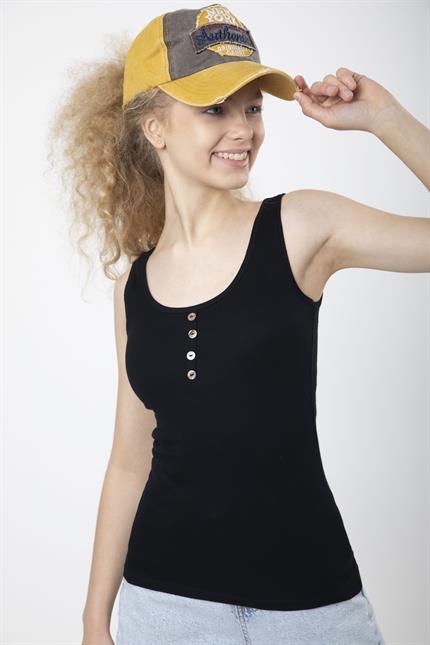 Kadın Düğme Detaylı Yumuşak Dokulu Esnek Askılı Fitilli Bluz - Siyah