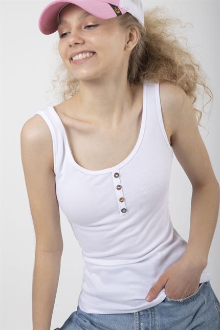 Kadın Düğme Detaylı Yumuşak Dokulu Esnek Askılı Fitilli Bluz - Beyaz