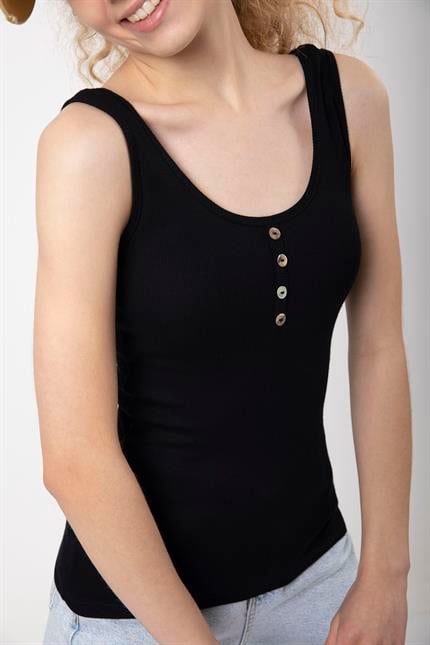 Kadın Düğme Detaylı Yumuşak Dokulu Esnek Askılı Fitilli Bluz - Siyah