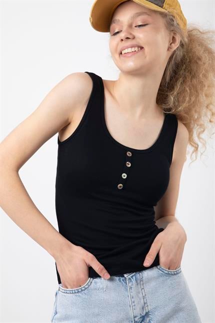 Kadın Düğme Detaylı Yumuşak Dokulu Esnek Askılı Fitilli Bluz - Siyah