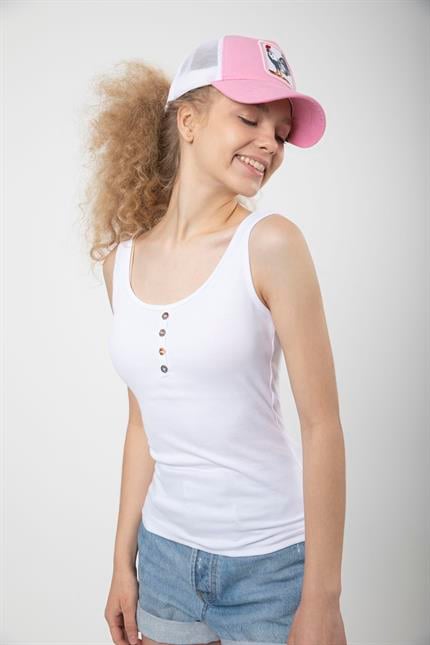 Kadın Düğme Detaylı Yumuşak Dokulu Esnek Askılı Fitilli Bluz - Beyaz