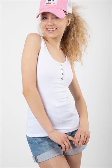 Kadın Düğme Detaylı Yumuşak Dokulu Esnek Askılı Fitilli Bluz - Beyaz