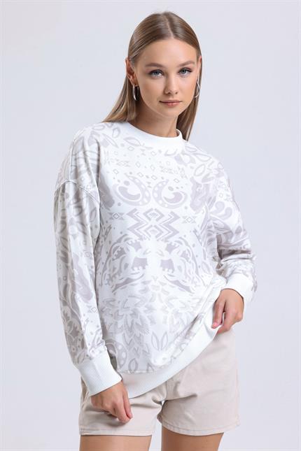 Etnik Desenli Yumuşak Dokulu Bisiklet Yaka Dökümlü Sweatshirt - Bej