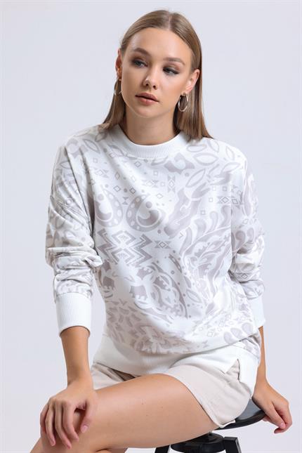Etnik Desenli Yumuşak Dokulu Bisiklet Yaka Dökümlü Sweatshirt - Bej
