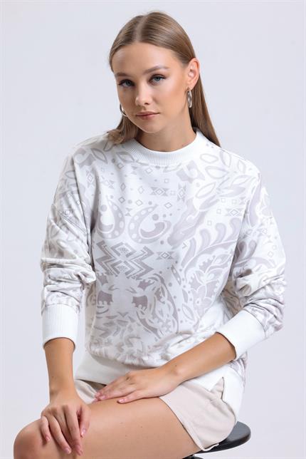 Etnik Desenli Yumuşak Dokulu Bisiklet Yaka Dökümlü Sweatshirt - Bej