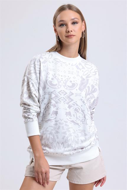 Etnik Desenli Yumuşak Dokulu Bisiklet Yaka Dökümlü Sweatshirt - Bej