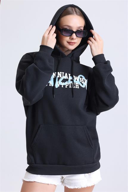 Kadın İçi Polarlı Baskılı Kapüşonlu Kanguru Cepli Oversize Sweatshirt - Antrasit