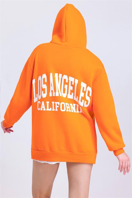 Kadın İçi Polarlı Baskılı Kapüşonlu Kanguru Cepli Oversize Sweatshirt - Turuncu