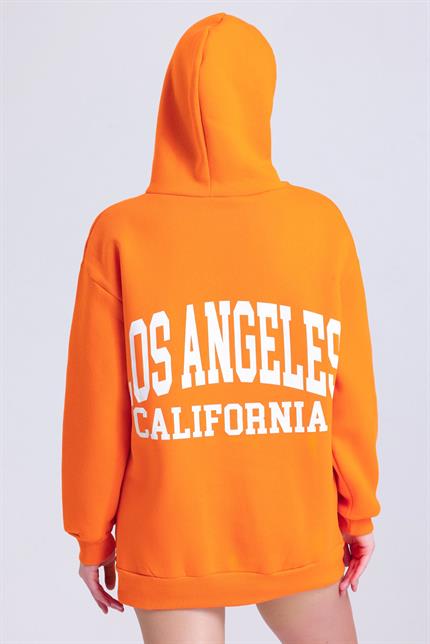 Kadın İçi Polarlı Baskılı Kapüşonlu Kanguru Cepli Oversize Sweatshirt - Turuncu