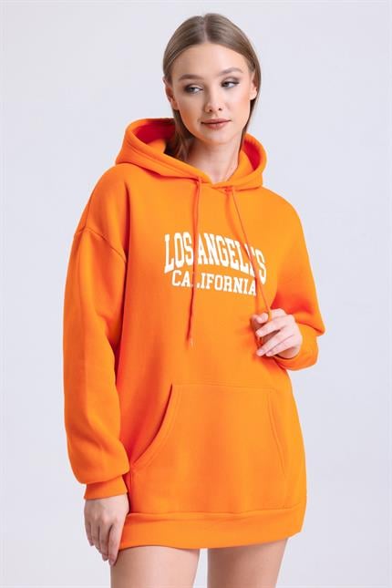 Kadın İçi Polarlı Baskılı Kapüşonlu Kanguru Cepli Oversize Sweatshirt - Turuncu