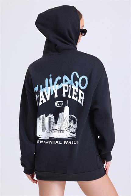 Kadın İçi Polarlı Baskılı Kapüşonlu Kanguru Cepli Oversize Sweatshirt - Antrasit