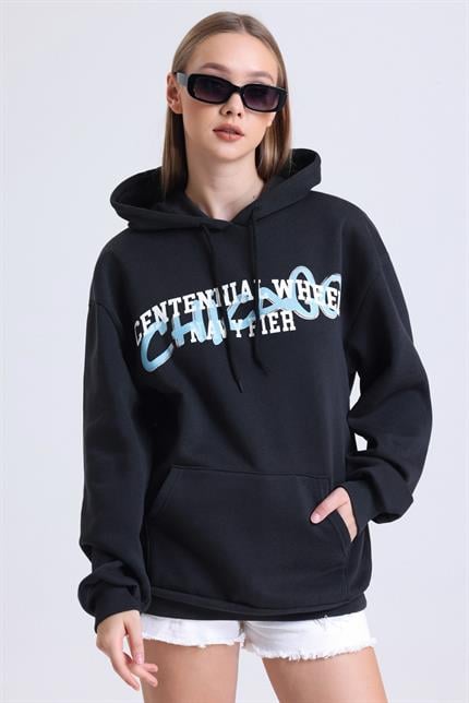 Kadın İçi Polarlı Baskılı Kapüşonlu Kanguru Cepli Oversize Sweatshirt - Antrasit