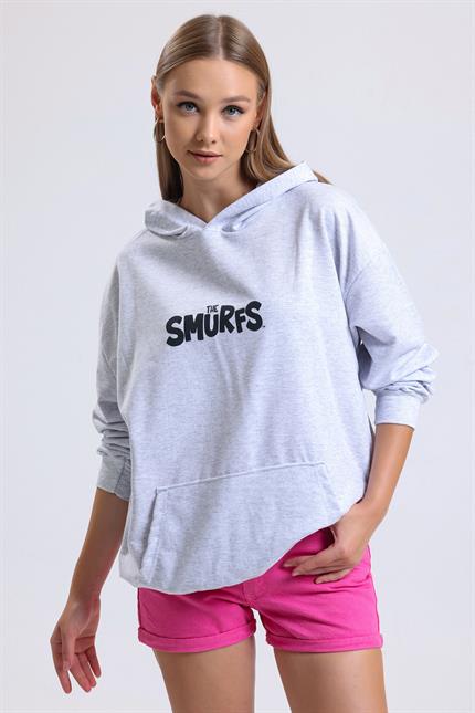 Ön Ve Sırt Smurfs Baskılı Kanguru Cepli Kapüşonlu Oversize Sweatshirt - Gri