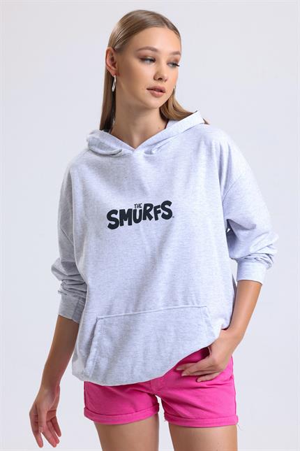 Ön Ve Sırt Smurfs Baskılı Kanguru Cepli Kapüşonlu Oversize Sweatshirt - Gri