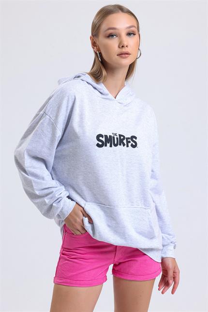 Ön Ve Sırt Smurfs Baskılı Kanguru Cepli Kapüşonlu Oversize Sweatshirt - Gri