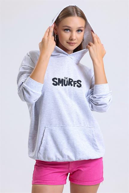 Ön Ve Sırt Smurfs Baskılı Kanguru Cepli Kapüşonlu Oversize Sweatshirt - Gri