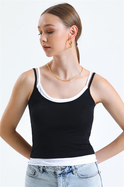 Parça Detaylı Çift Askılı Crop Bluz - Siyah