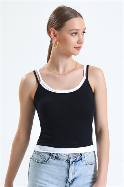 Parça Detaylı Çift Askılı Crop Bluz - Siyah