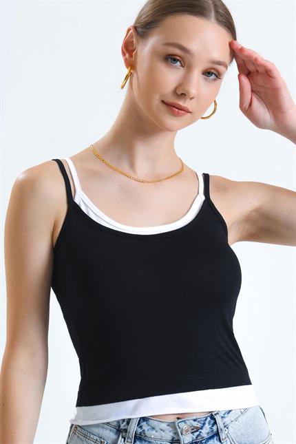 Parça Detaylı Çift Askılı Crop Bluz - Siyah