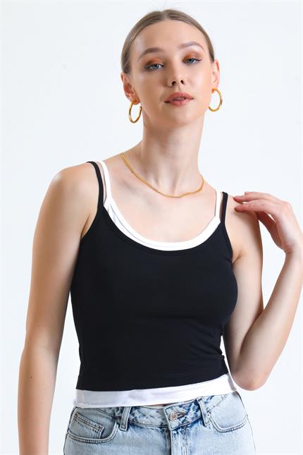 Parça Detaylı Çift Askılı Crop Bluz - Siyah