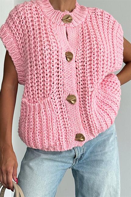 Kalın Örgü Gold Düğmeli Premium Trend Yelek - Pembe