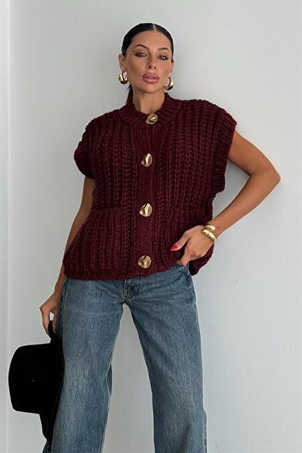 Kalın Örgü Gold Düğmeli Premium Trend Yelek - Bordo