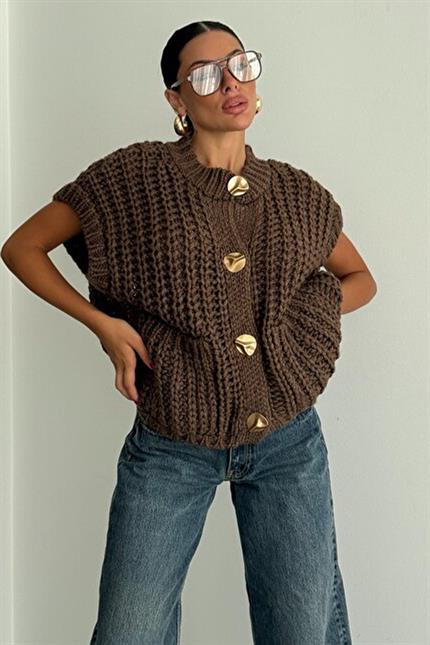Kalın Örgü Gold Düğmeli Premium Trend Yelek - Kahve