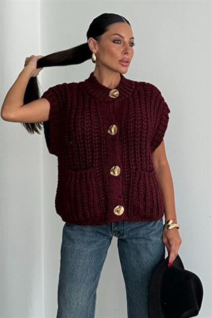 Kalın Örgü Gold Düğmeli Premium Trend Yelek - Bordo
