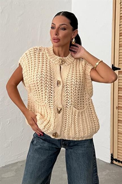 Kalın Örgü Gold Düğmeli Premium Trend Yelek - Krem