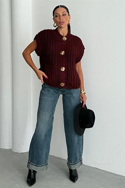 Kalın Örgü Gold Düğmeli Premium Trend Yelek - Bordo