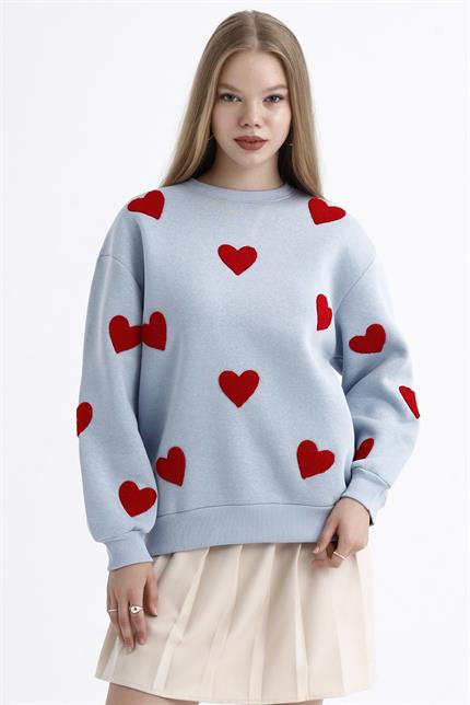 Kalp Efektli Balon Kollu İçi Polarlı Oversize Sweatshirt - Buz Mavi