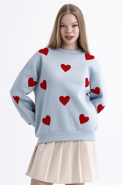 Kalp Efektli Balon Kollu İçi Polarlı Oversize Sweatshirt - Buz Mavi