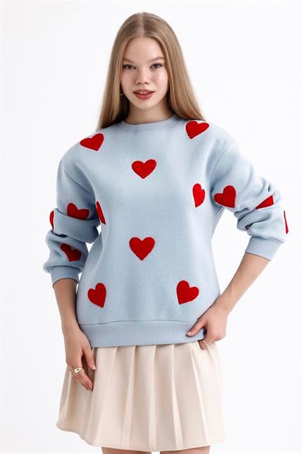 Kalp Efektli Balon Kollu İçi Polarlı Oversize Sweatshirt - Buz Mavi