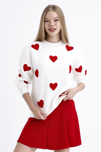 Kalp Efektli Balon Kollu İçi Polarlı Oversize Sweatshirt - Ekru