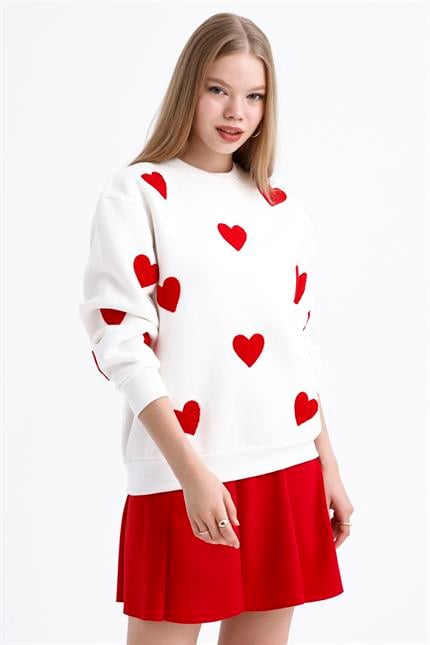 Kalp Efektli Balon Kollu İçi Polarlı Oversize Sweatshirt - Ekru